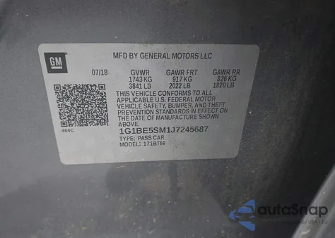2018 Chevrolet Cruze Lt Auto z USA, uszkodzony, nr VIN 1G1BE5SM1J7245687